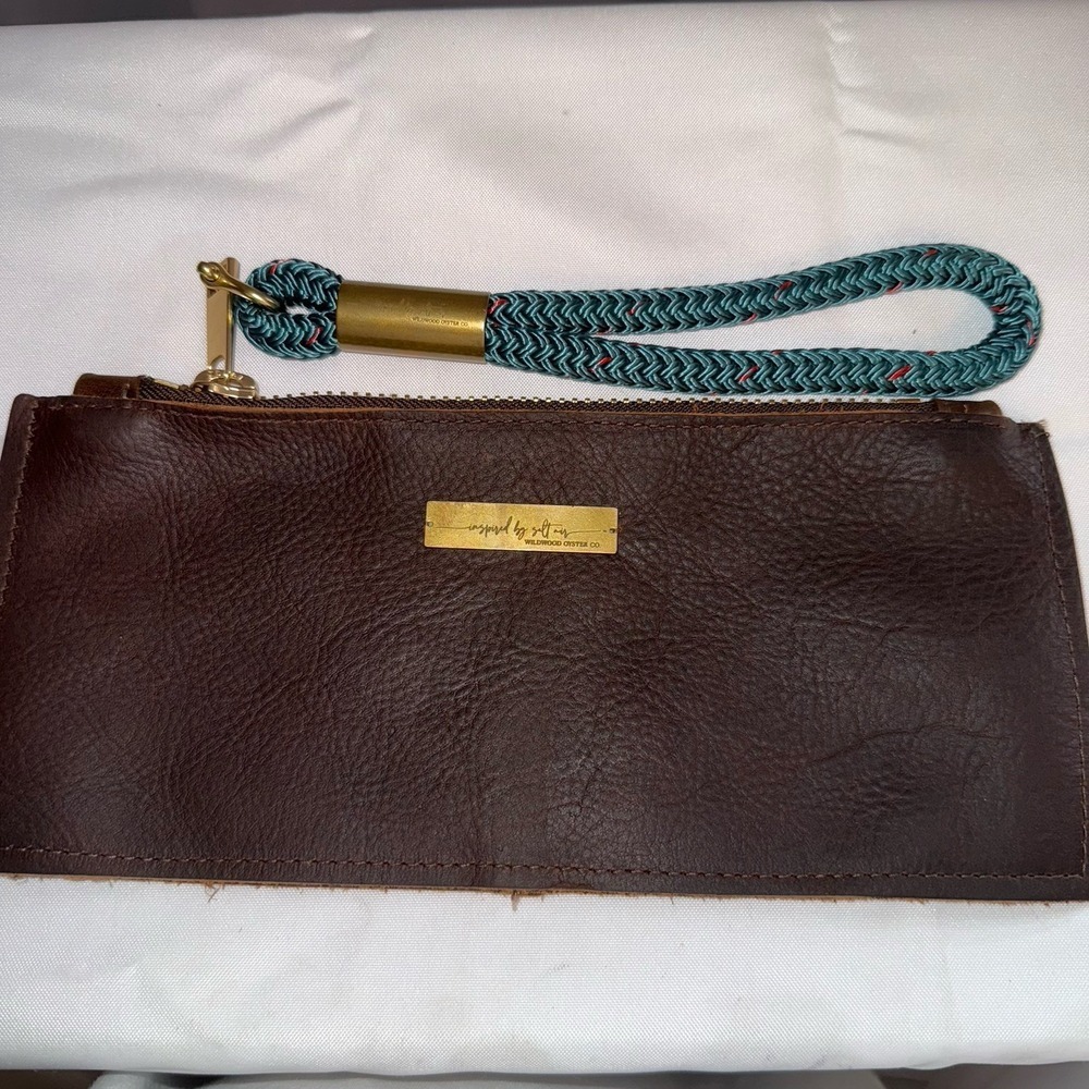 Wildwood Oyster Co. Leather Clutch Teal Rope Wristlet Brown Leather Wallet Pouch — image 2 of 8